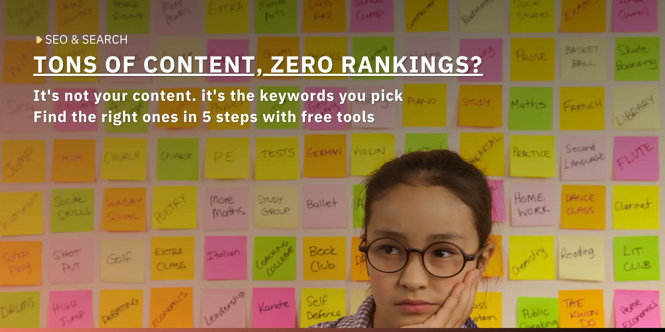 Girl in glasses thinking in front of a wall of colourful sticky notes — cover image for an SEO keyword research article