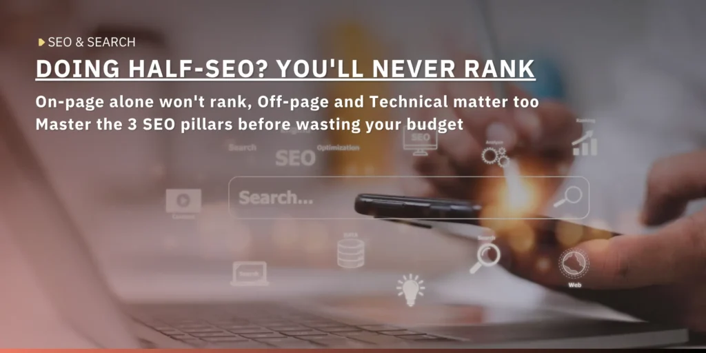 Hands using a smartphone over a laptop surrounded by floating SEO icons — search bar, ranking, analysis, content — cover image for an article on the 3 pillars of SEO