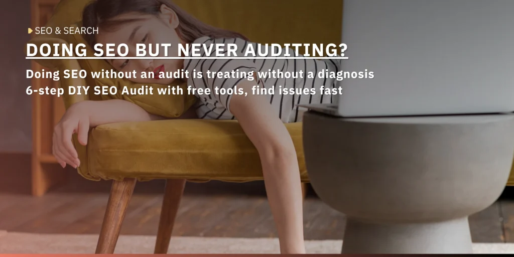 Tired young woman resting on a mustard-yellow armchair beside a laptop — cover image for an SEO article on running a DIY SEO audit