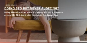 Tired young woman resting on a mustard-yellow armchair beside a laptop — cover image for an SEO article on running a DIY SEO audit
